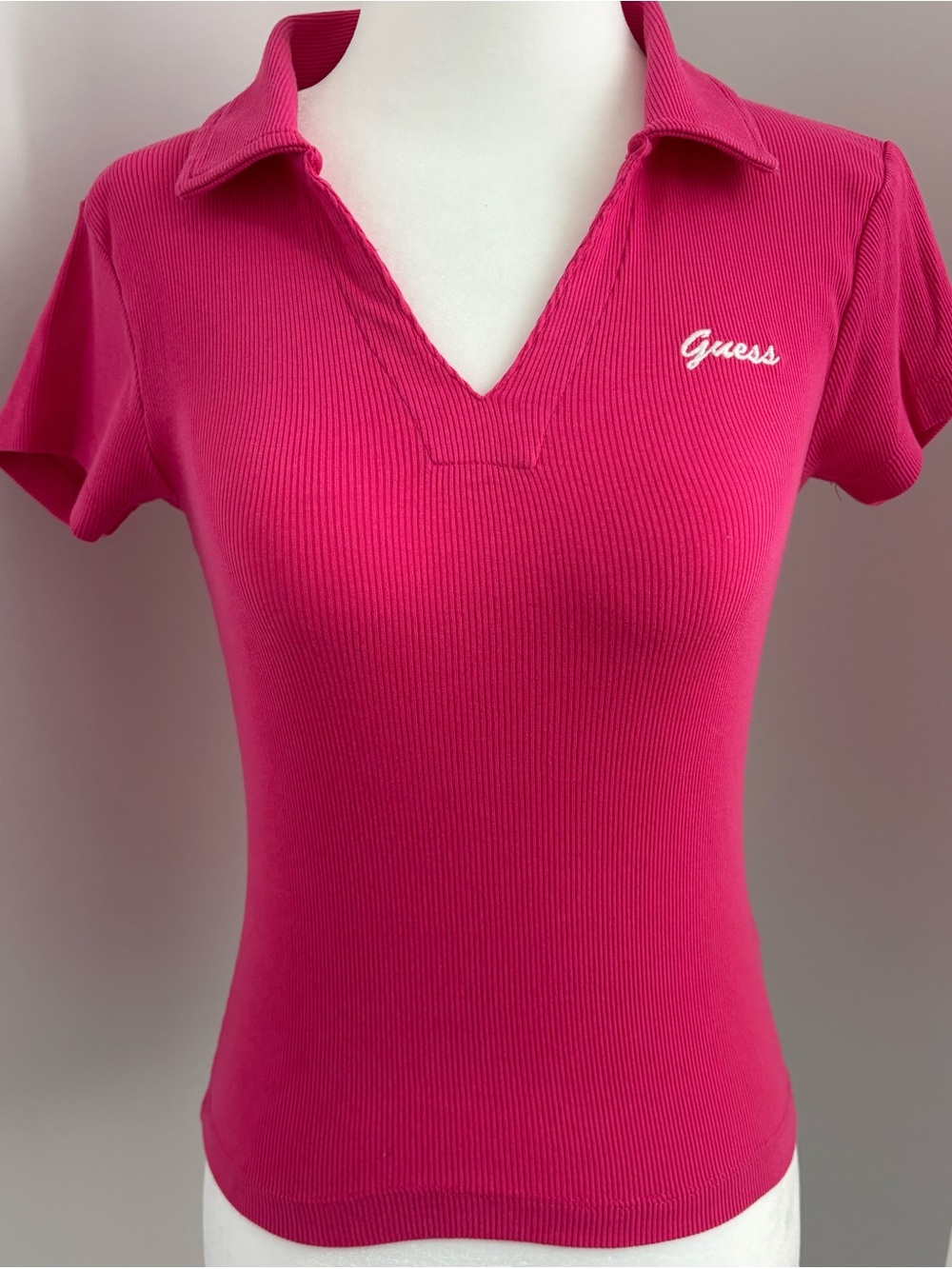 Guess Hot Pink Ribbed Polo V-Neck Short Sleeve Top
